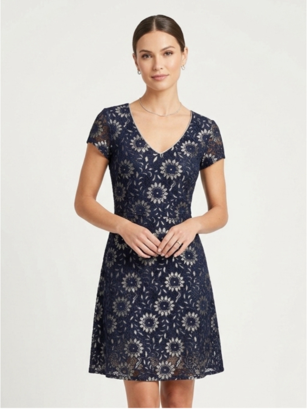 LolaLiza Navy Blue Metallic Floral Lace V-Neck Cocktail Dress Sz 36 / US 4 - 942